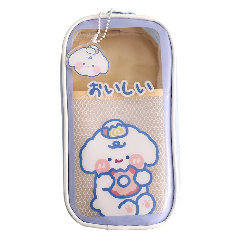 Transparent PVC pencil case with colourful cartoon character design