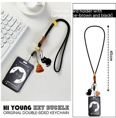 Cartoon black cat design plastic card sleeve holder with metal keychain clip