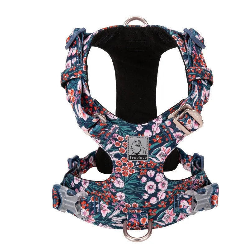 Floral patterned pure cotton dog chest harness with adjustable straps for walking control