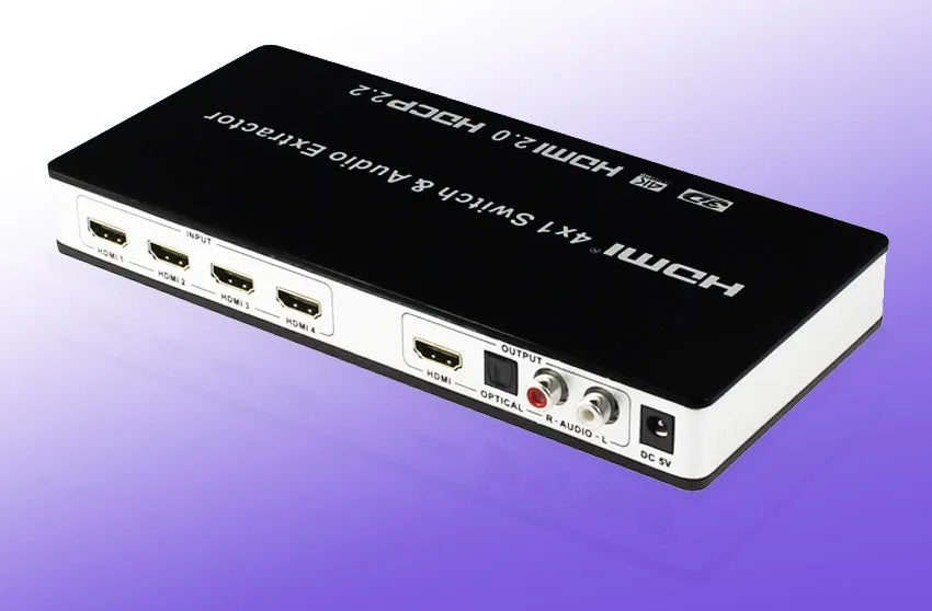 Black HDMI audio switch with 4 inputs and 1 output, remote control included