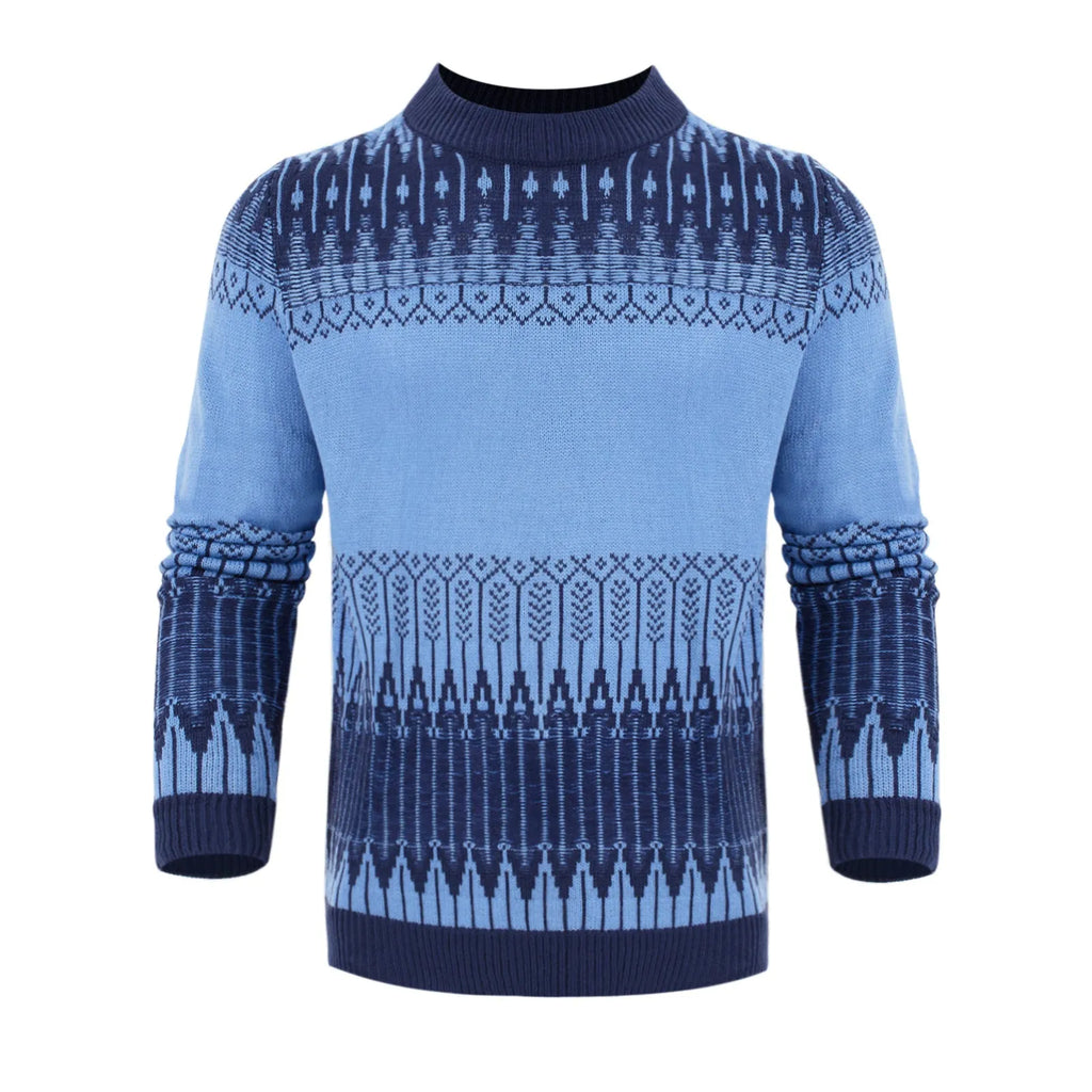 Men's grey knitted pullover sweater with ribbed cuffs and hem on hanger