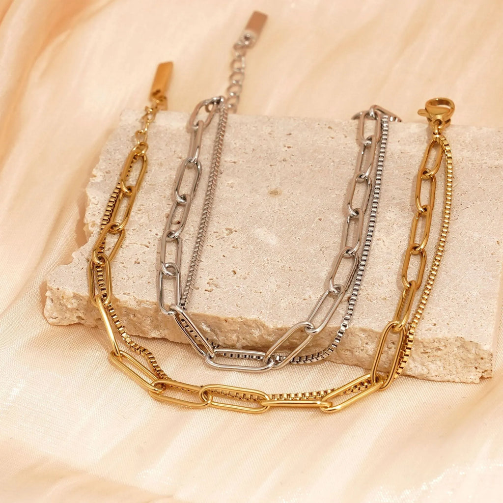 Women's double layer geometric bracelet in gold or silver with stainless steel construction