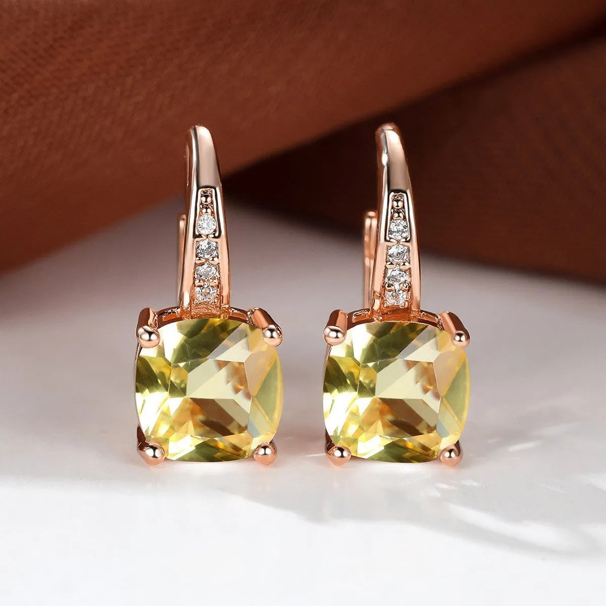 Square zircon geometric ear hook earrings in electroplated copper with Korean style design