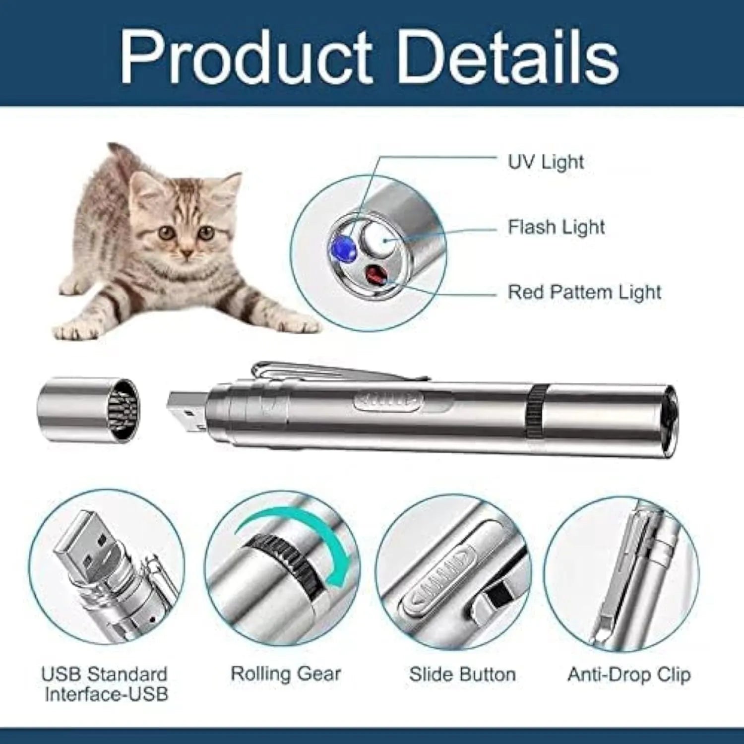 Silver aluminium alloy cat laser toy pointer with USB charging port