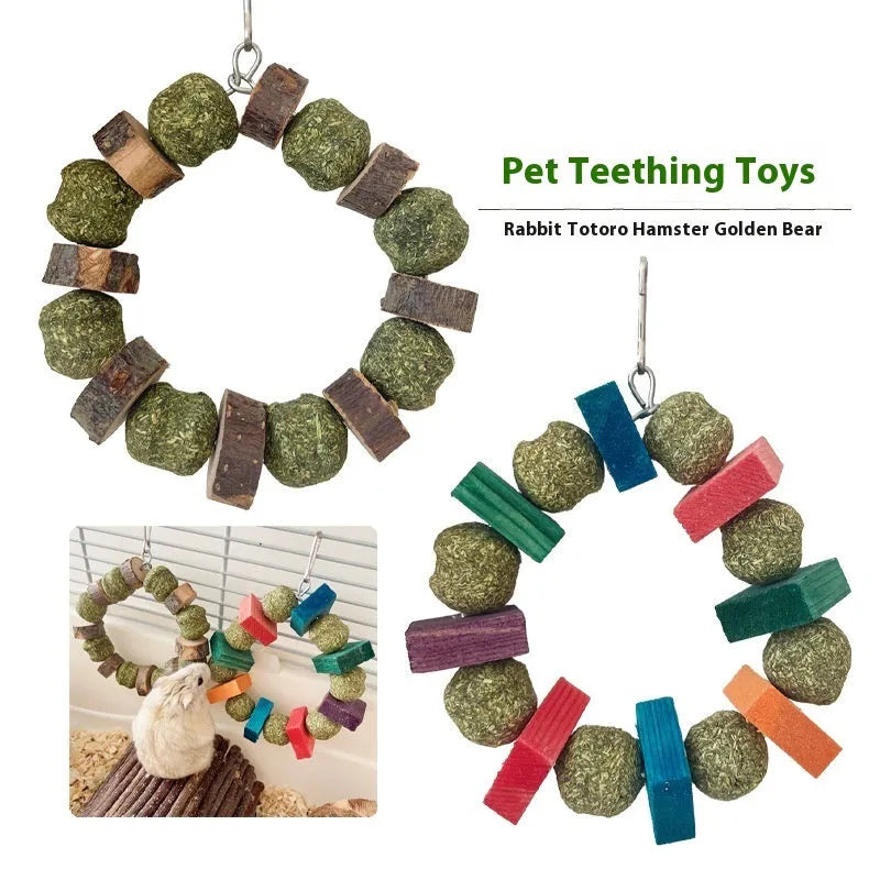 Hamster chew toy with applewood stick and decorative straw ball ring for small pets