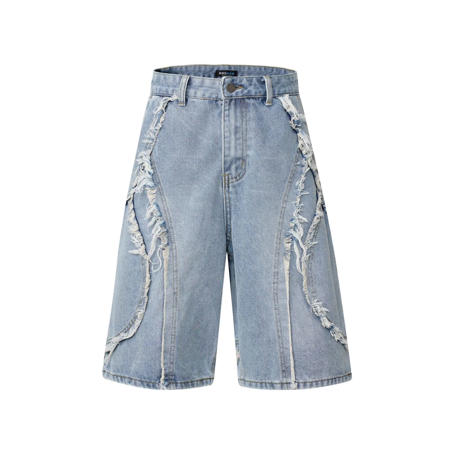 Distressed raw edge denim shorts in a straight cropped fit, shown in black, dark blue, and light blue.
