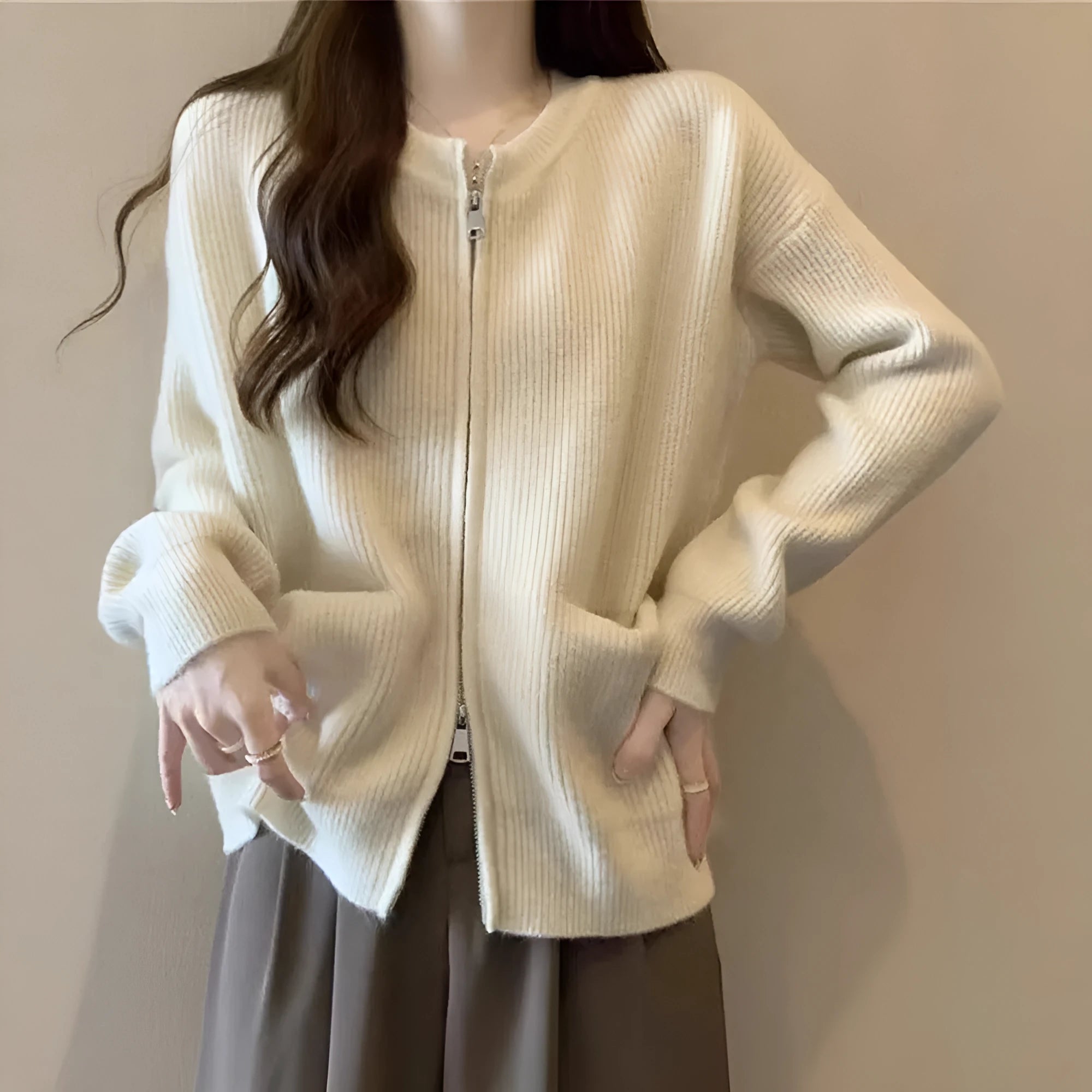 Soft viscose long sleeve cardigan coat in beige, grey, black, or khaki.