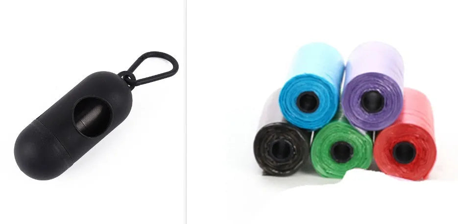 Set of five rolled pet waste bags in assorted colours on a green background.