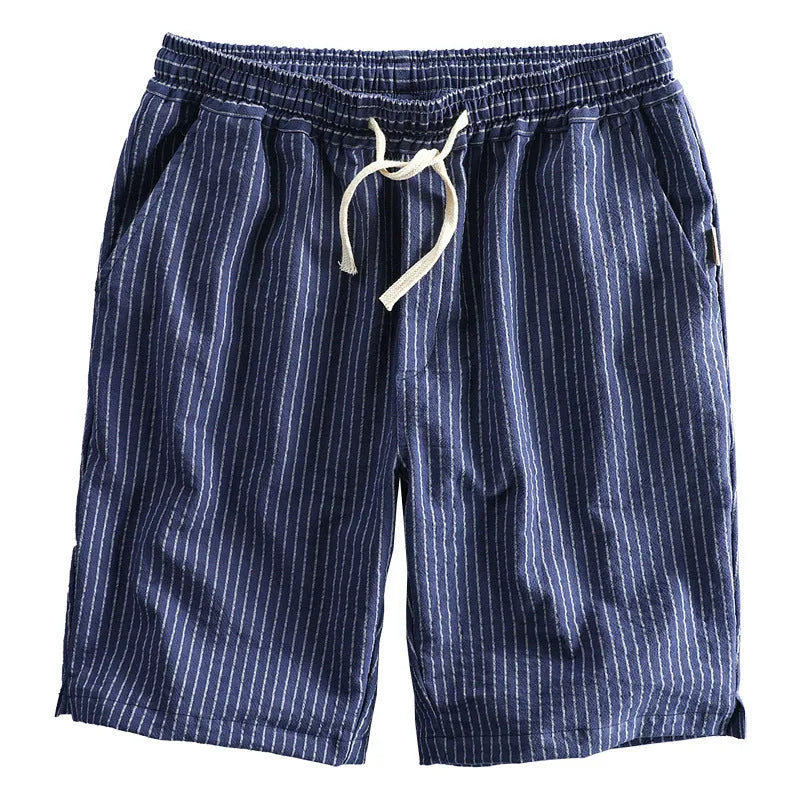 Men's striped cotton casual shorts in light blue with micro elastic waistband