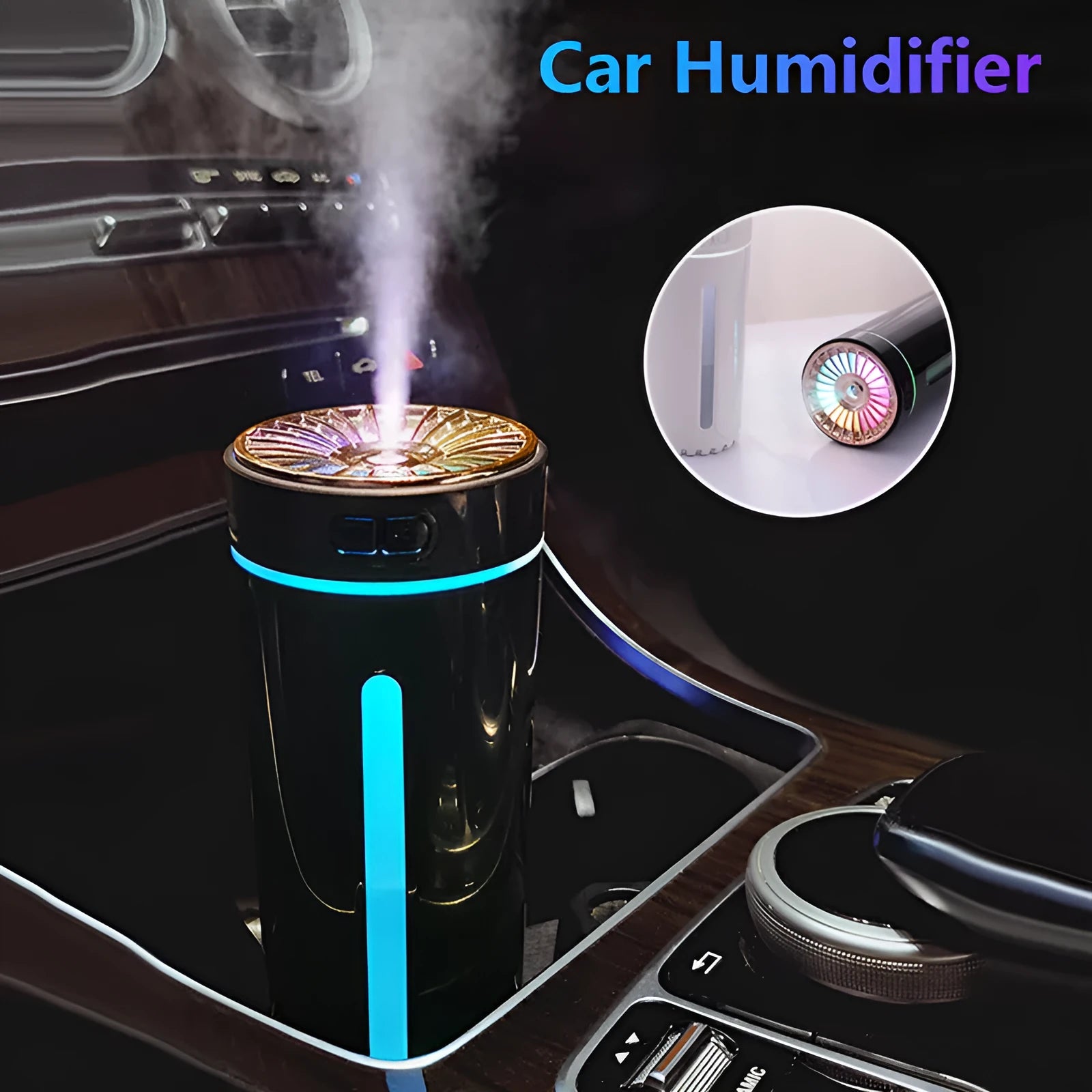 Black and white portable USB rechargeable humidifier with colourful LED lights on a car cup holder.