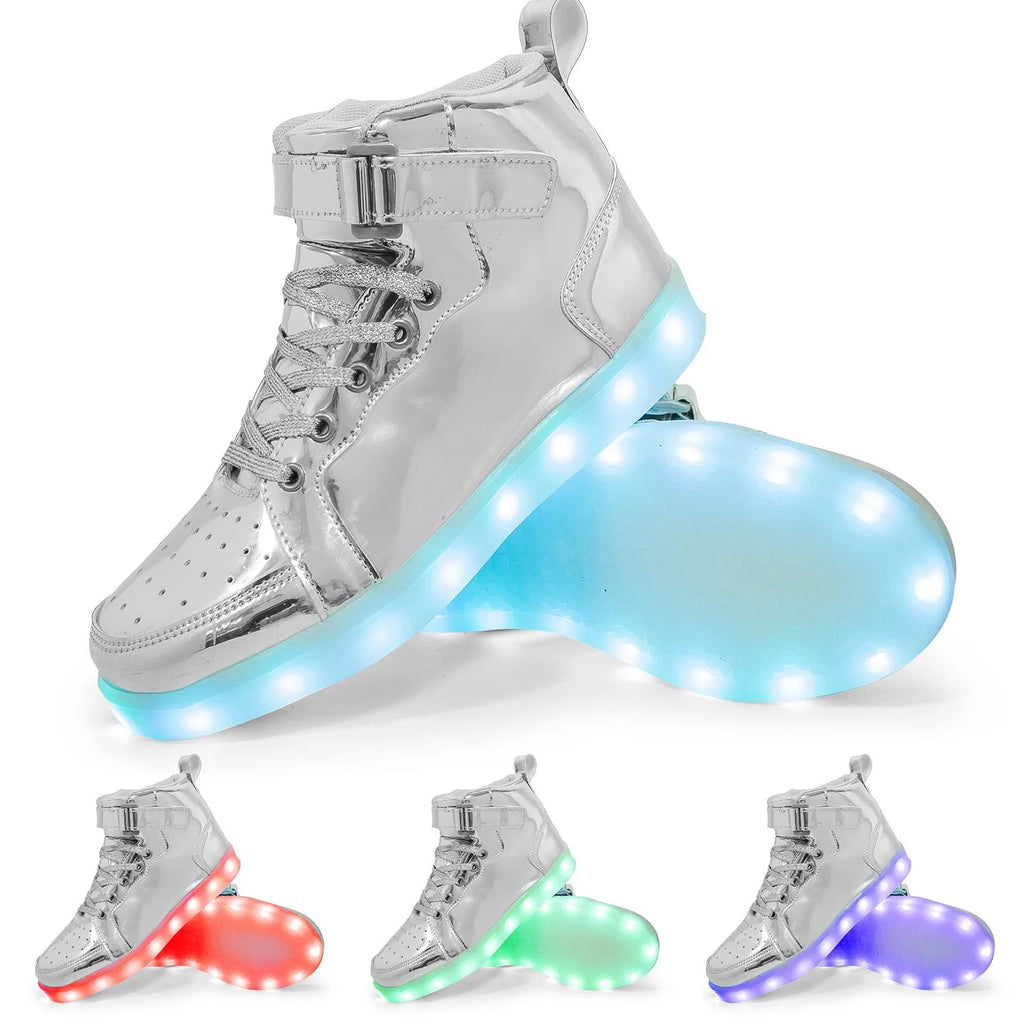 A pair of black high-top shoes with a Velcro strap and illuminated LED lights in the rubber sole.