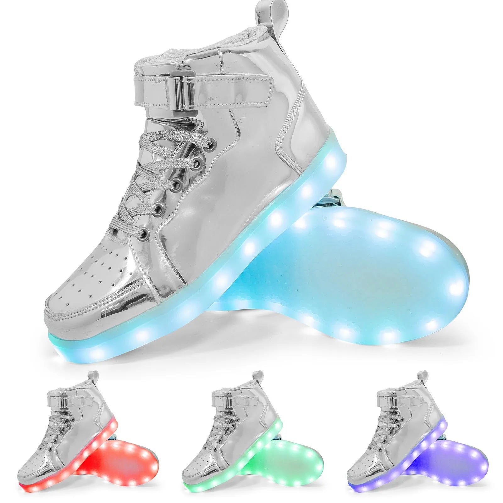 A pair of black high-top shoes with a Velcro strap and illuminated LED lights in the rubber sole.