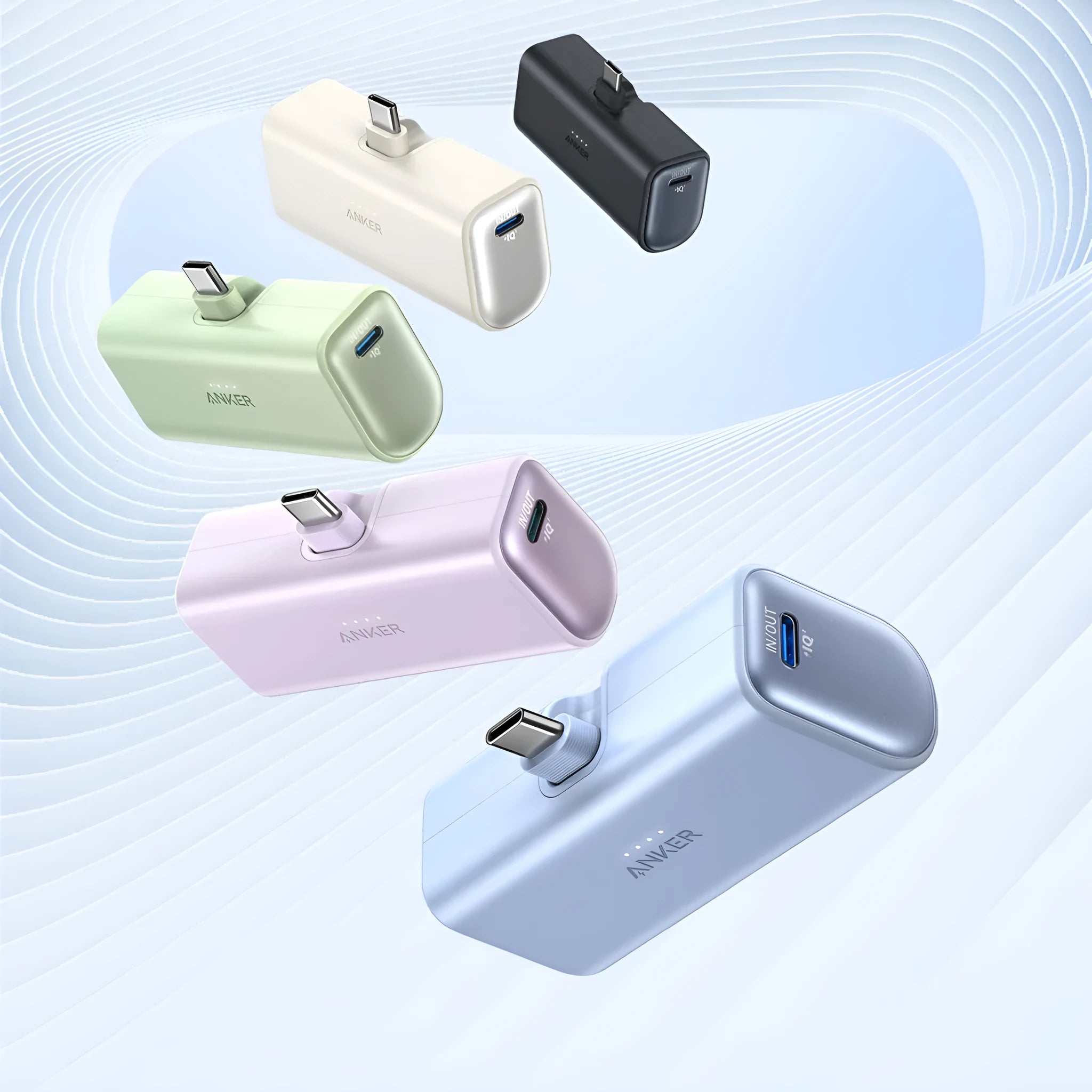 Capsule A1653 small plastic power bank in choice of colours showing foldable Type C connector.