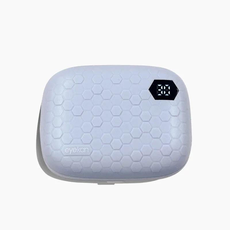 Automatic ultrasonic glasses cleaning machine in blue, a handheld plastic device for contact lenses.