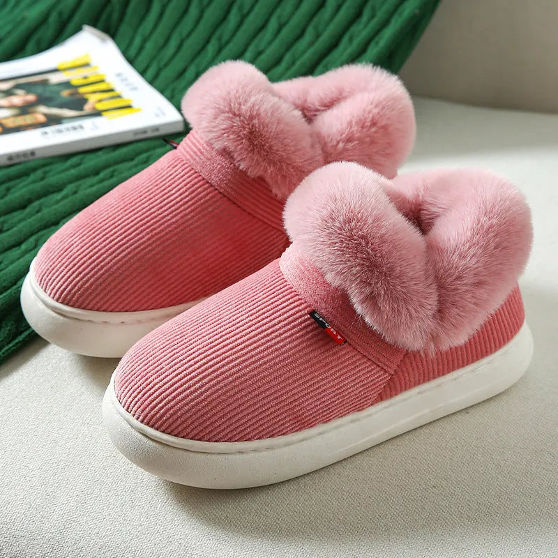 Winter plush corduroy house slippers for men and women with warm fleece lining in coffee colour