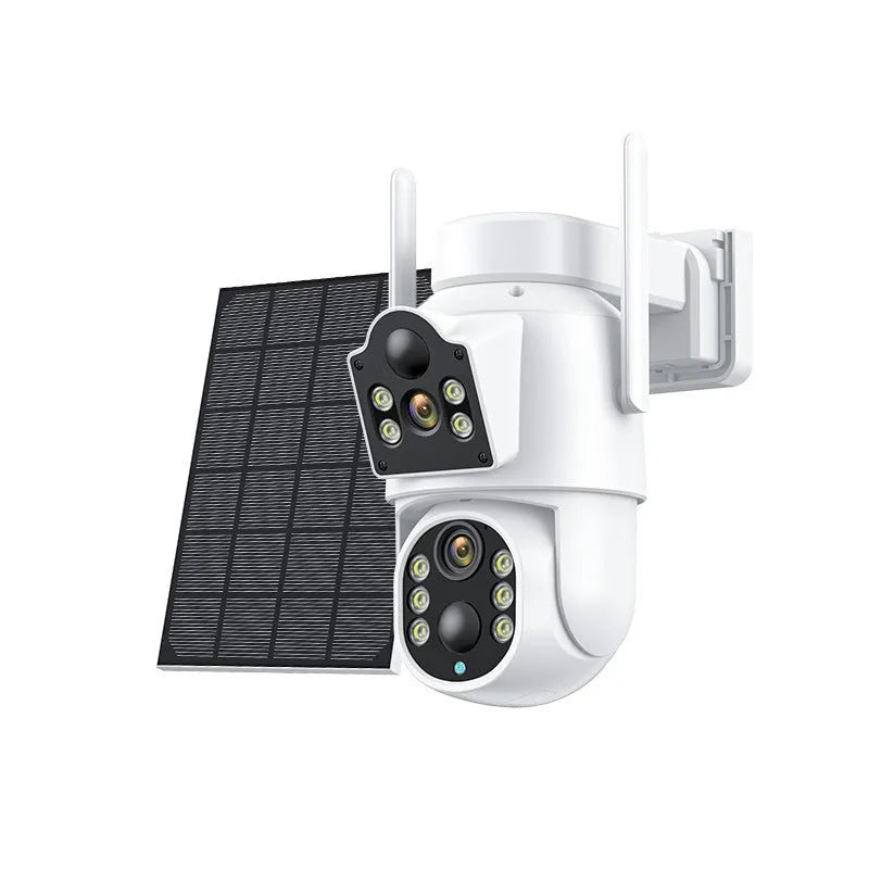White solar-powered outdoor wireless security camera with solar panel on wall mounting