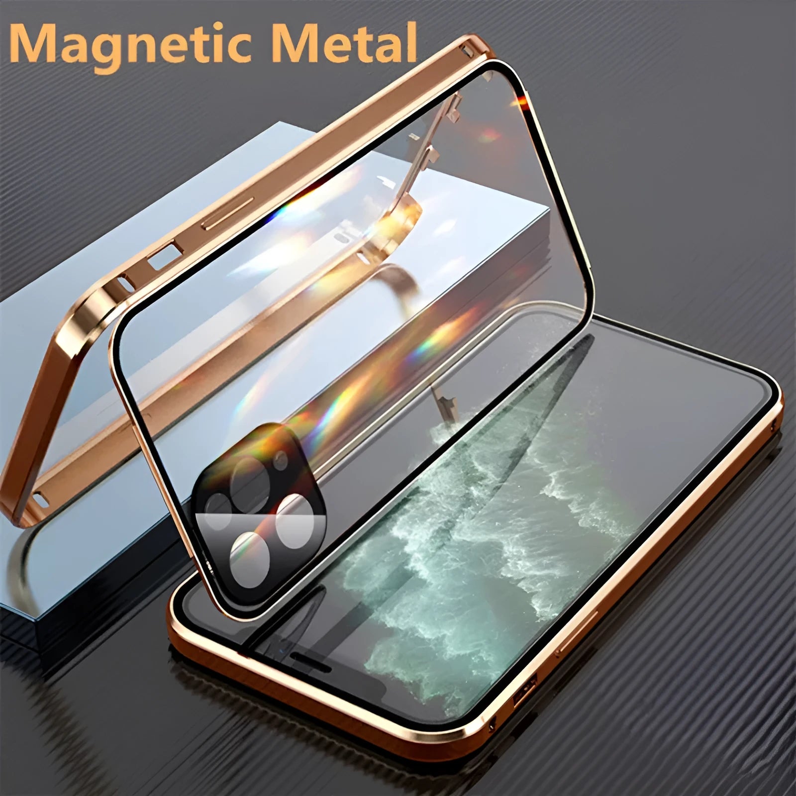 Aluminium and tempered glass iPhone bumper case in black, showing magnetic snap-on design and camera lens cover.