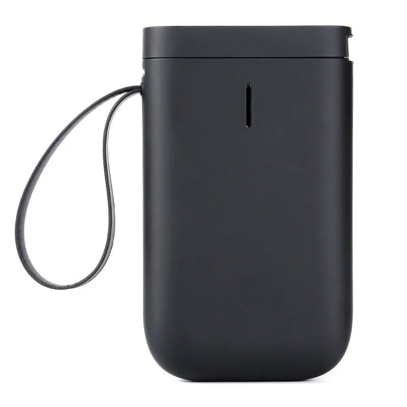 Compact D11 Bluetooth thermal label printer in black, white, pink, or green with smartphone showing label design app.