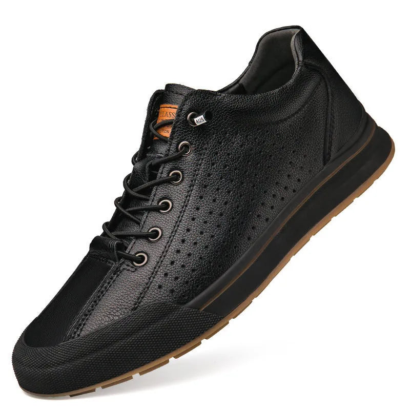 Men's white matte leather casual shoes with flat heel and round toe on a solid background.