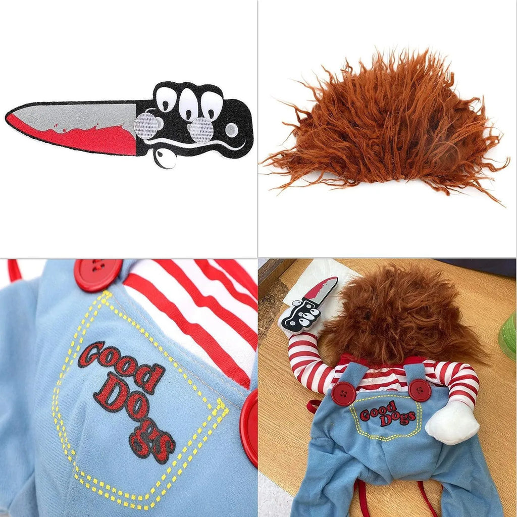 Striped Halloween costume pants and harness set for a dog or cat with a faux knife accessory.