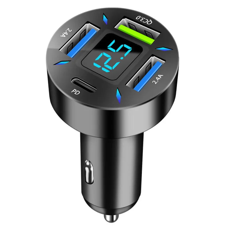 Four-port USB car charger with LED digital display showing compact black design