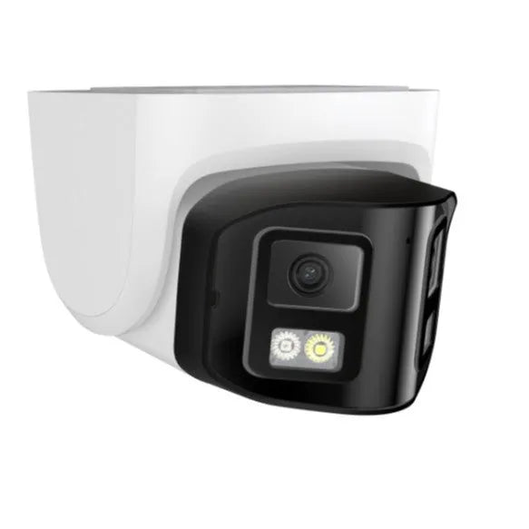 4MP dual-lens panoramic CCTV security camera with metal IP66 housing.