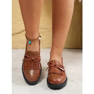 Brown women's loafers with bow detail and slip-on design for spring and autumn wear
