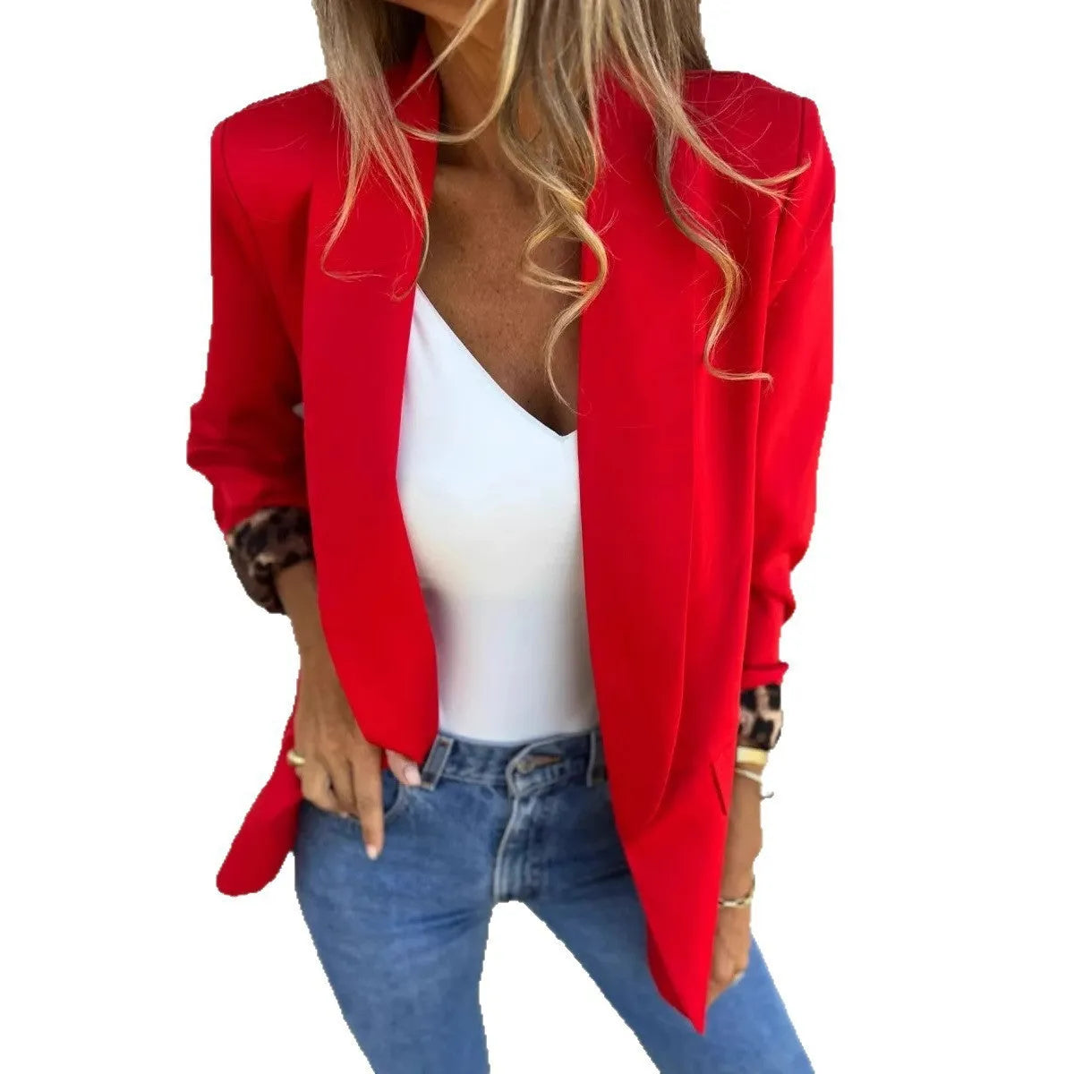 Women's black slim fit blazer coat with 3D cheetah print animal pattern and regular sleeves