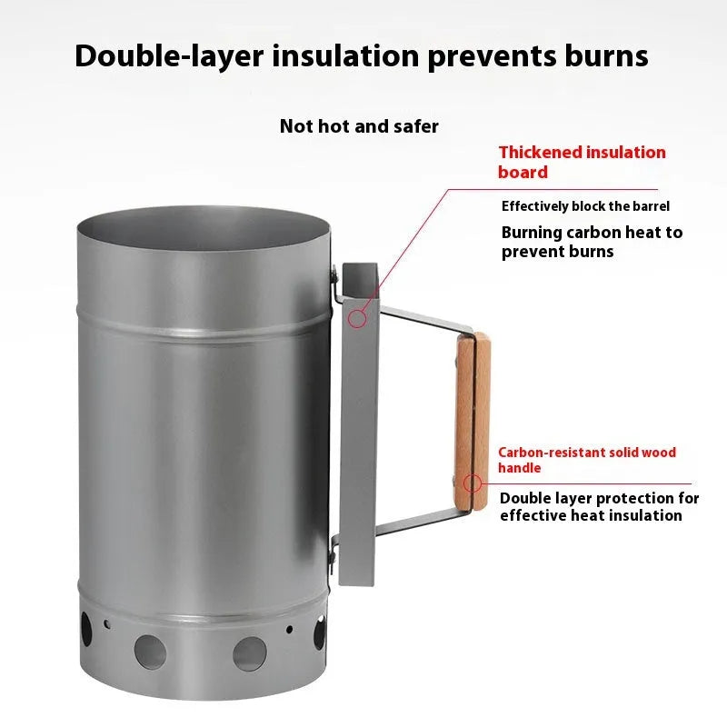Zinc-iron alloy outdoor charcoal fire igniter with point carbon barrel style for barbecues.