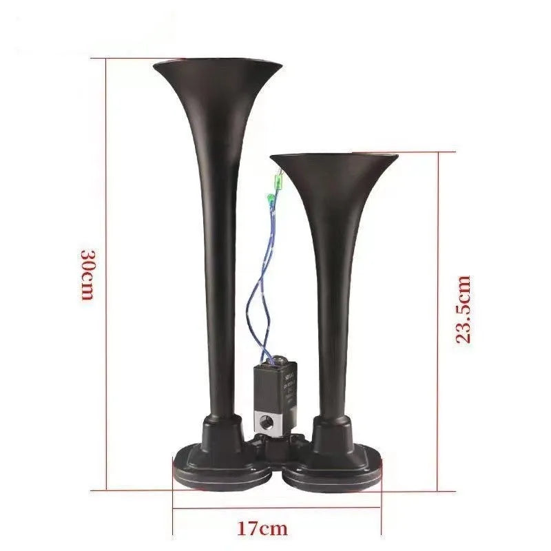 Black dual-trumpet 12V 24V air horn kit with compressor for universal vehicle fitment