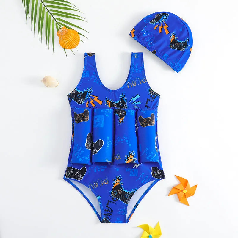 Children's one-piece buoyancy swimsuit with nylon outer and polyester lining in a solid colour design