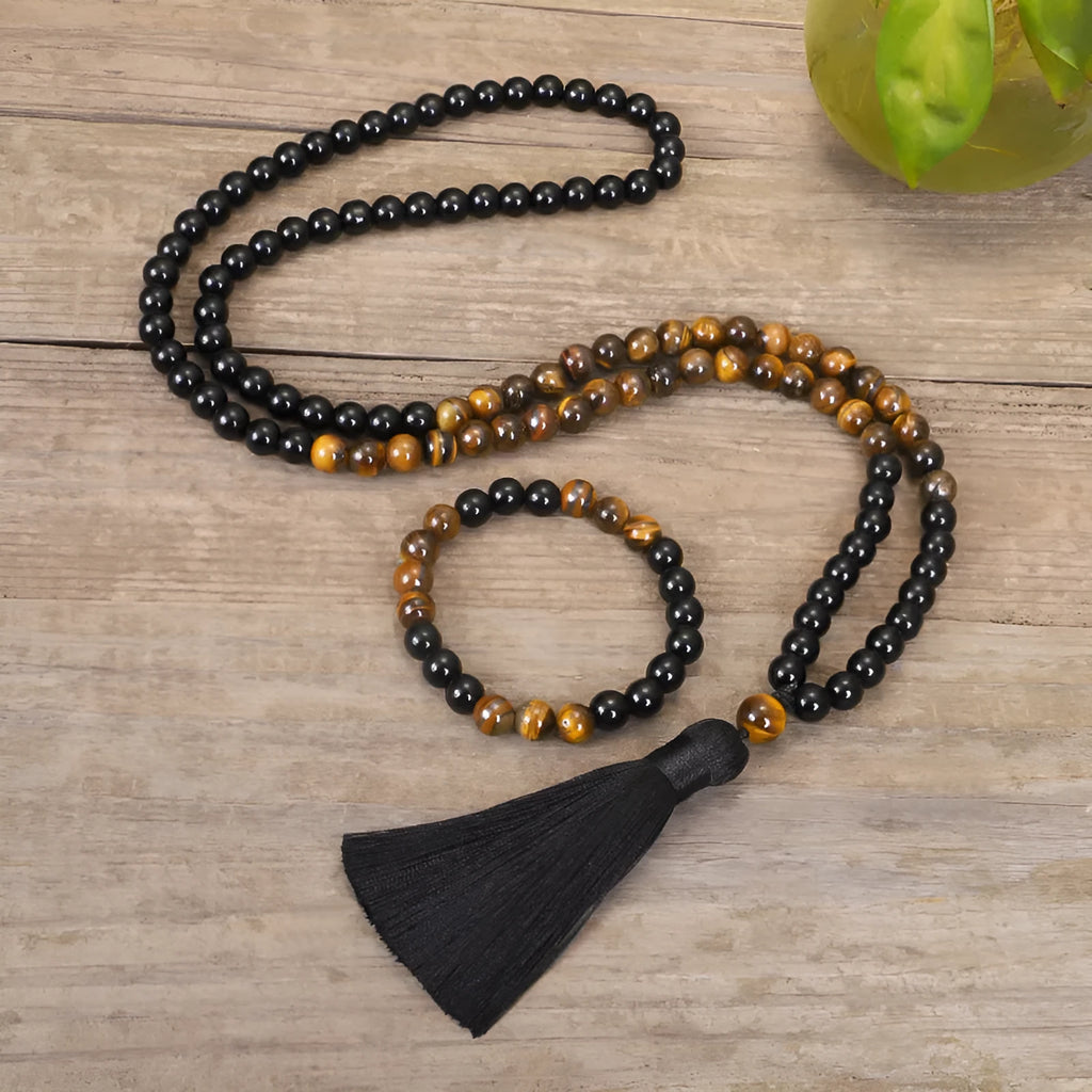 Handmade tiger eye stone tassel sweater chain necklace and bracelet with 81cm circumference