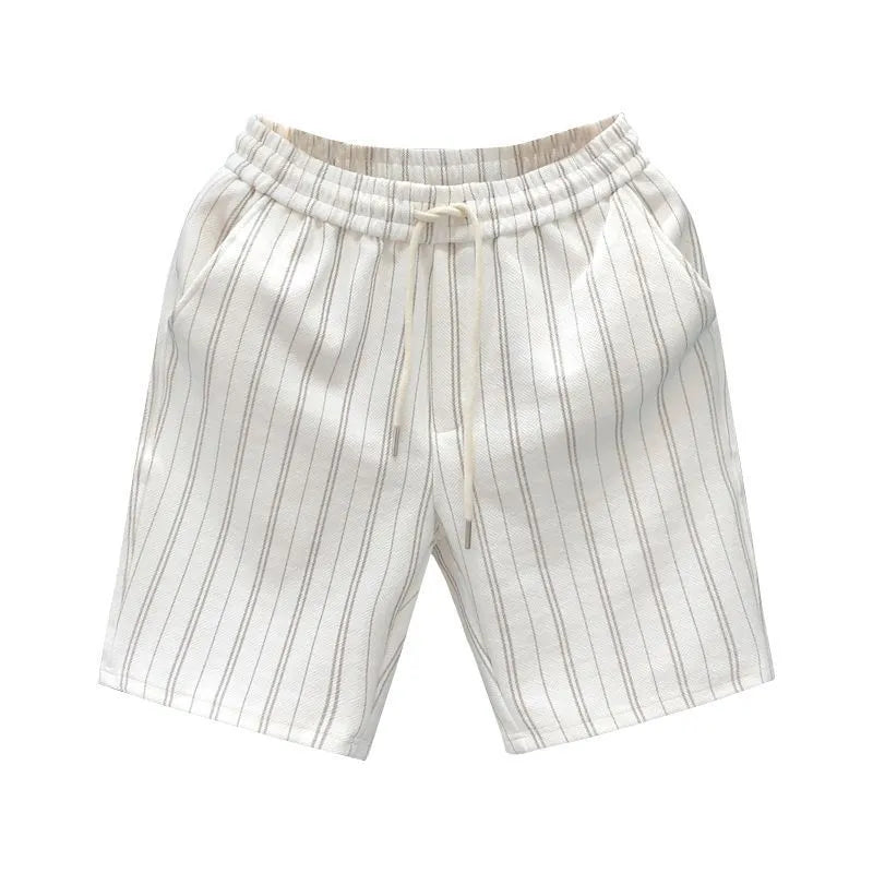 Men's black and white striped casual fleece-lined shorts with a double-layer waistband and straight leg.
