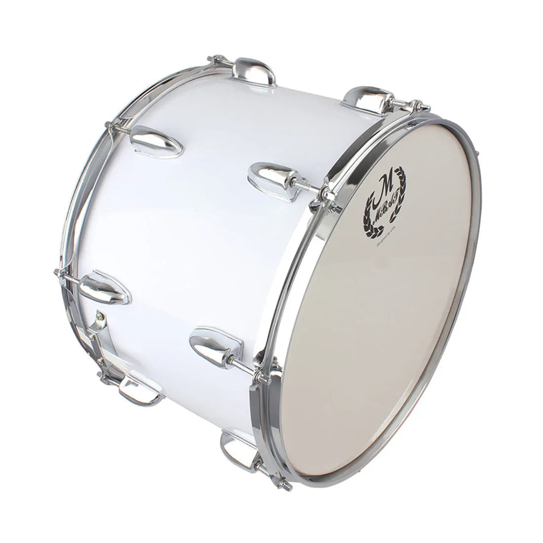 Mebet 14-inch white stainless steel snare drum with strap and drum stick on flat surface