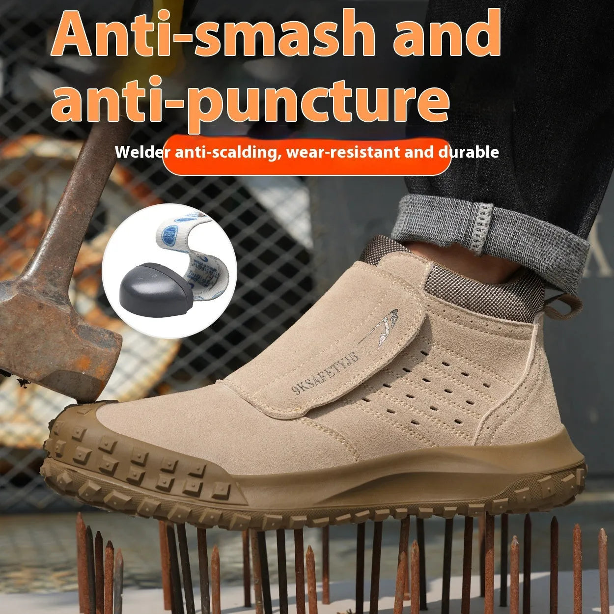 Lightweight welder safety shoes with steel toe cap in sand colour and grey, showing lace-up front and rubber sole.