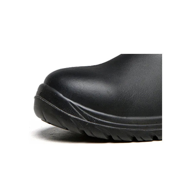Black leather safety boots with steel toe cap and anti-piercing sole for industrial work