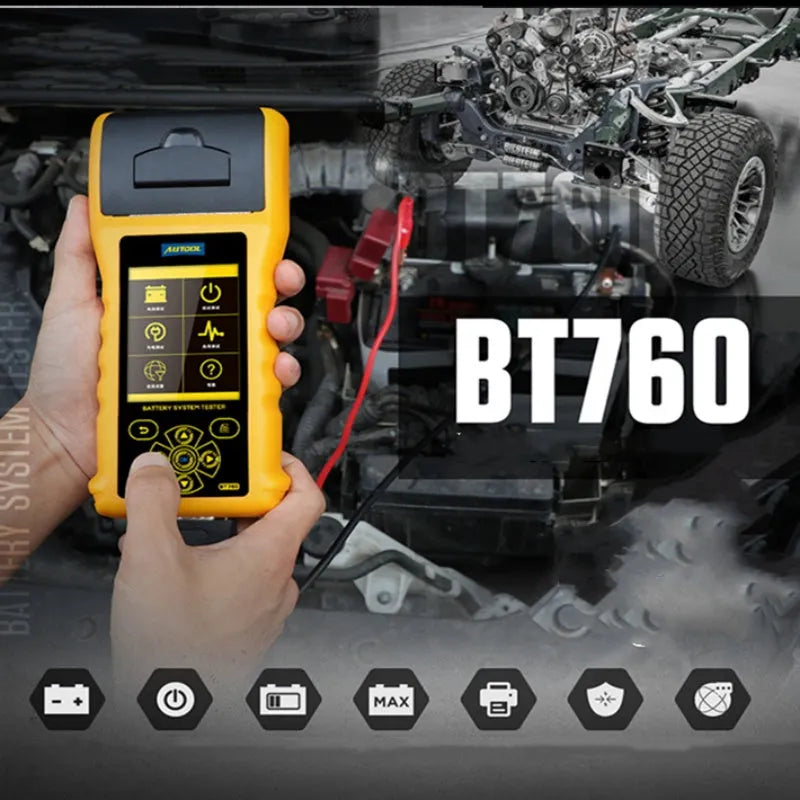 Autool BT760 colour screen car battery tester with clip leads and printed diagnostic receipt.