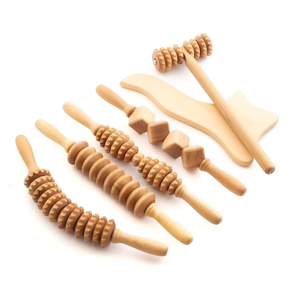 Natural beech wood massage roller set with T-shaped tool and multiple wheel configurations