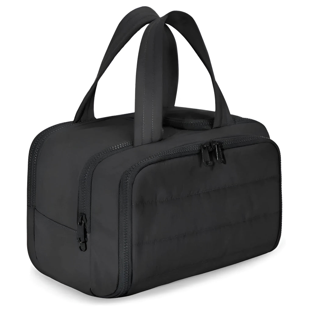 Large travel toiletry bag with wide open design showing fluffy texture in available colour options
