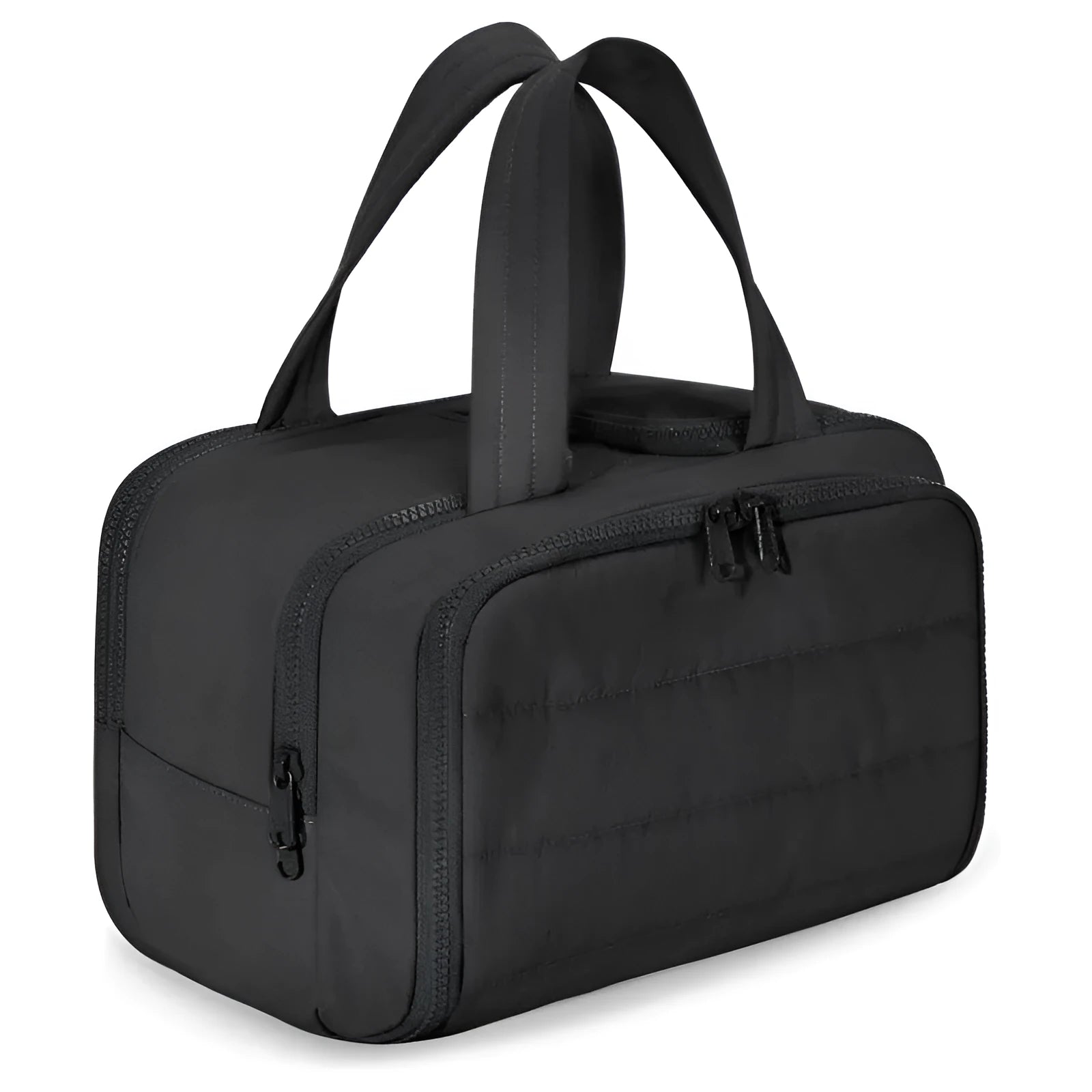 Large travel toiletry bag with wide open design showing fluffy texture in available colour options