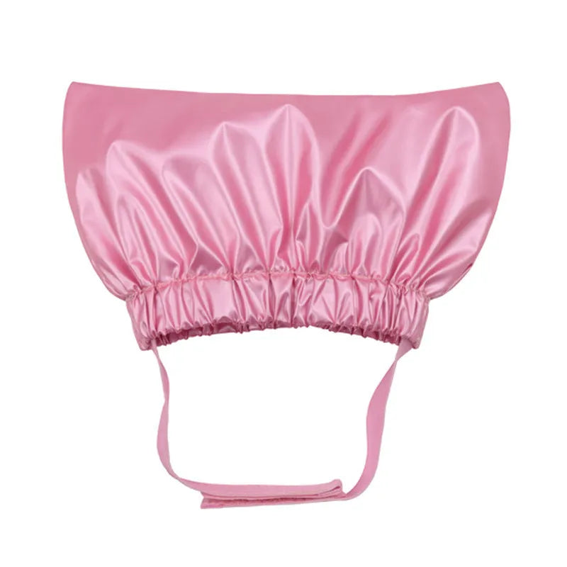 Adjustable waterproof shower cap for pets in silver, pink, and gold colours with ear protection