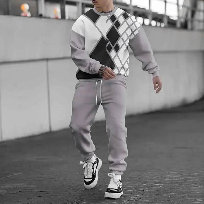 Men's casual printed sportswear suit with polyester blend jacket and trousers, available in multiple colours and sizes S to 6XL