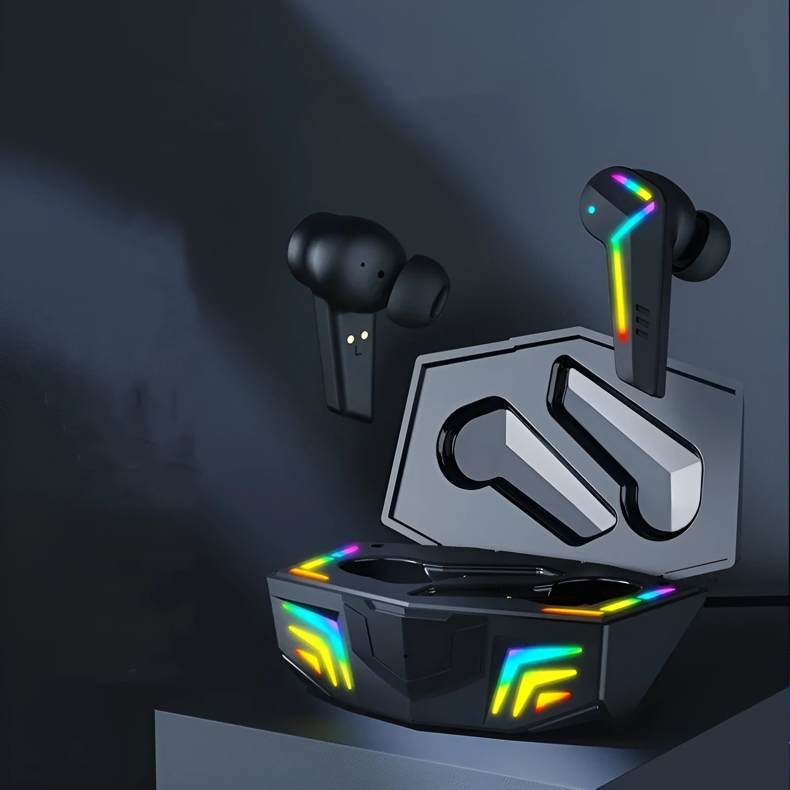 Black wireless TWS Bluetooth headset with earplug design for gaming and sports