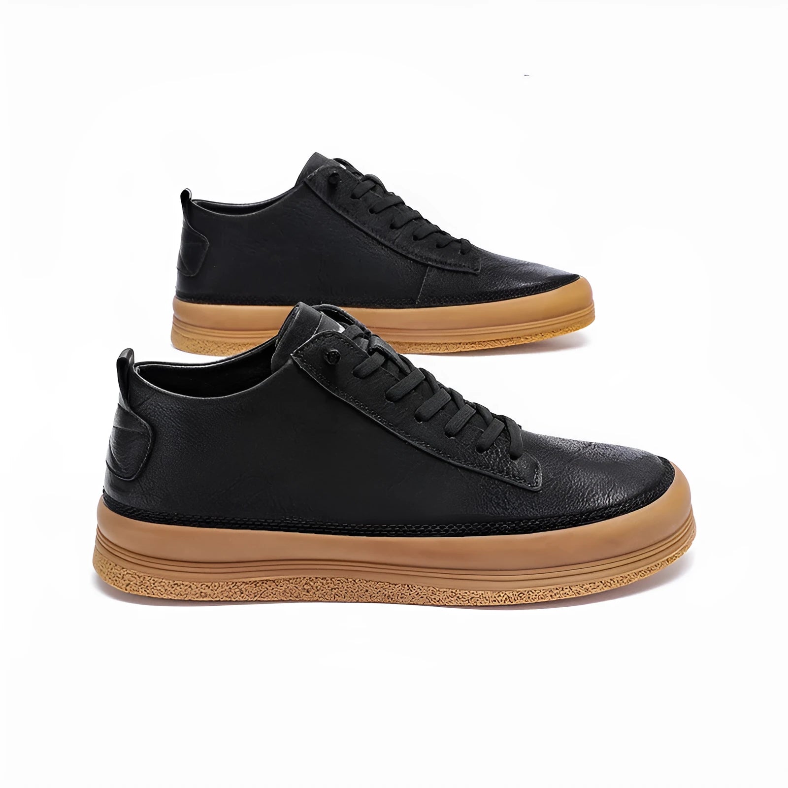 Men's black casual leather shoes with round toe, flat heel, and lace-up closure