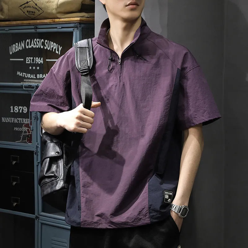 Men's brown half zip stand collar shirt with short sleeves and loose fit