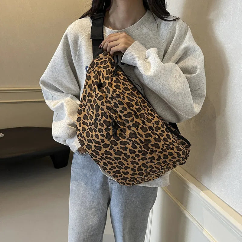 Retro leopard print patchwork canvas chest bag in khaki with soft crossbody design