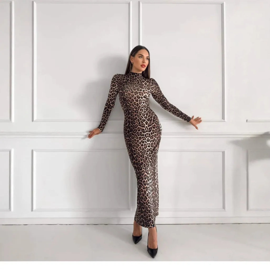 Leopard print long dress with stand collar and long sleeves in milk silk fabric