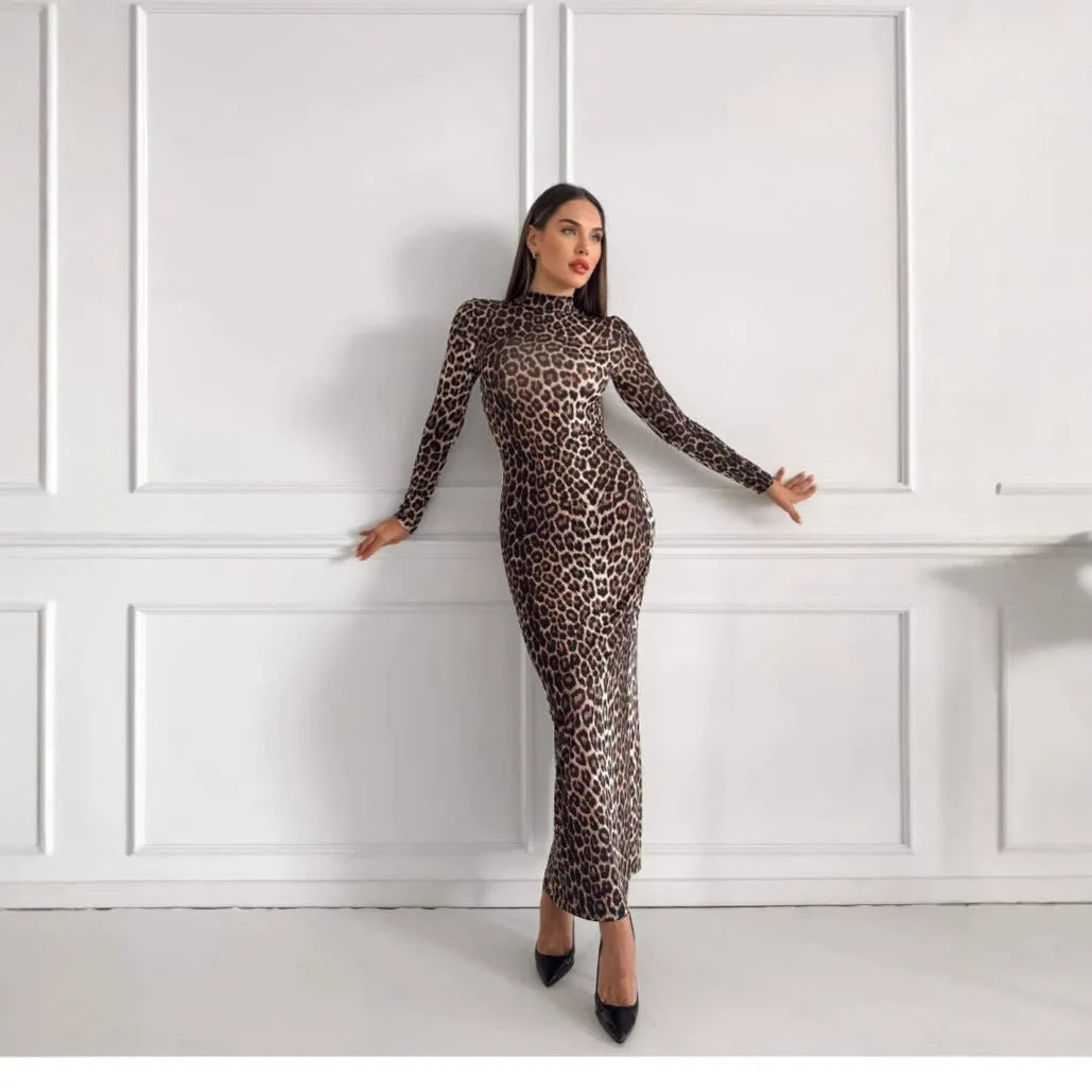 Leopard print long dress with stand collar and long sleeves in milk silk fabric