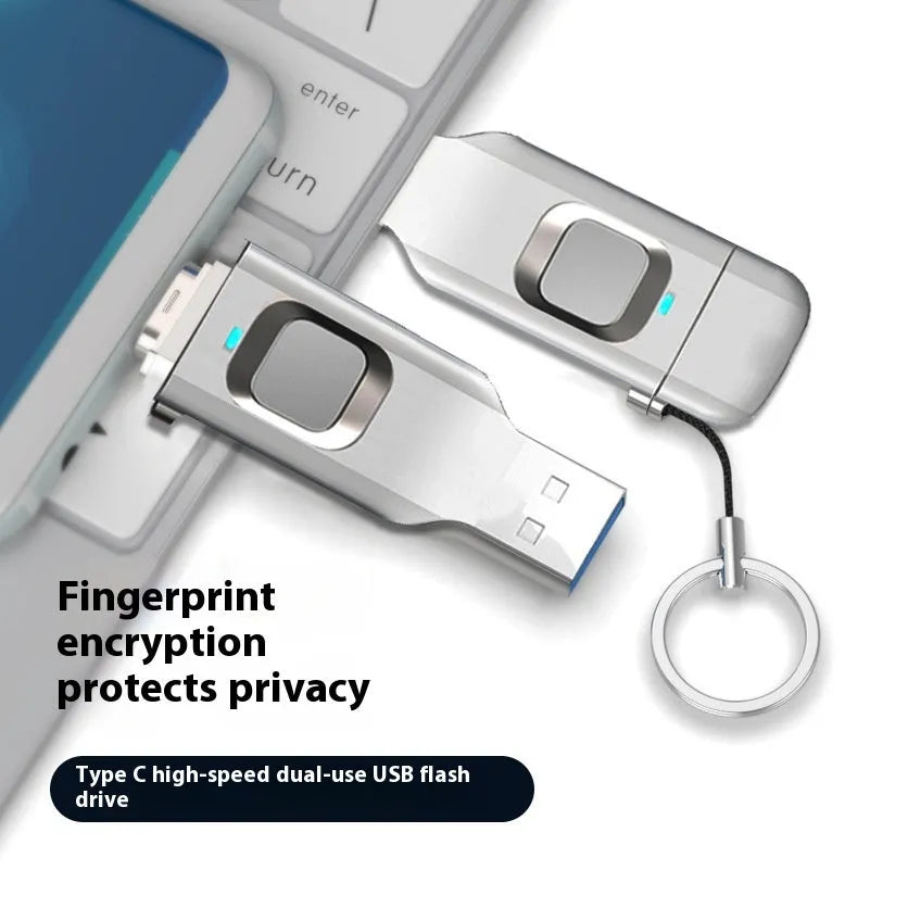 Black metal fingerprint encrypted USB flash drive showing USB 3.0 and Type-C connectors.