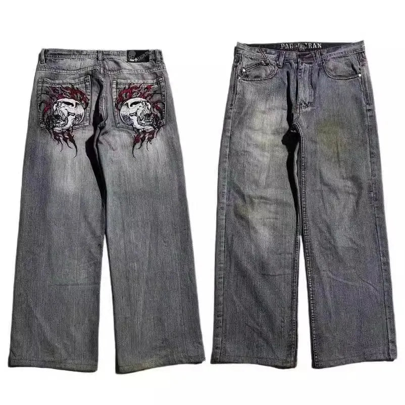 Men's grey wide-leg jeans with washed-out retro workwear design and straight-leg silhouette